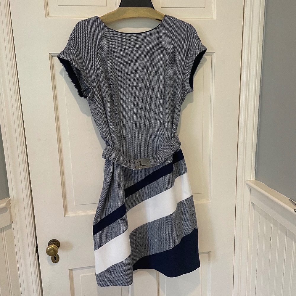 Blue and White Short Sleeve Belted Dress